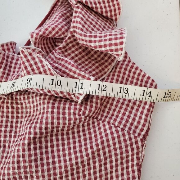 Wayf XS Gingham Check Seersucker Mini Dress red & white V-neck Lace up Ruffles - Picture 5 of 7